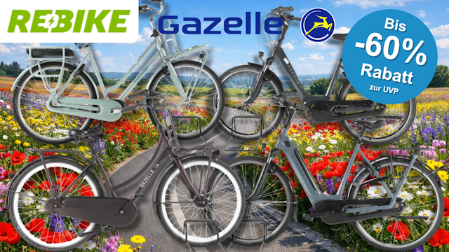 4 verschiedene Gazelle Fahrräder vor einem Fahrradweg.