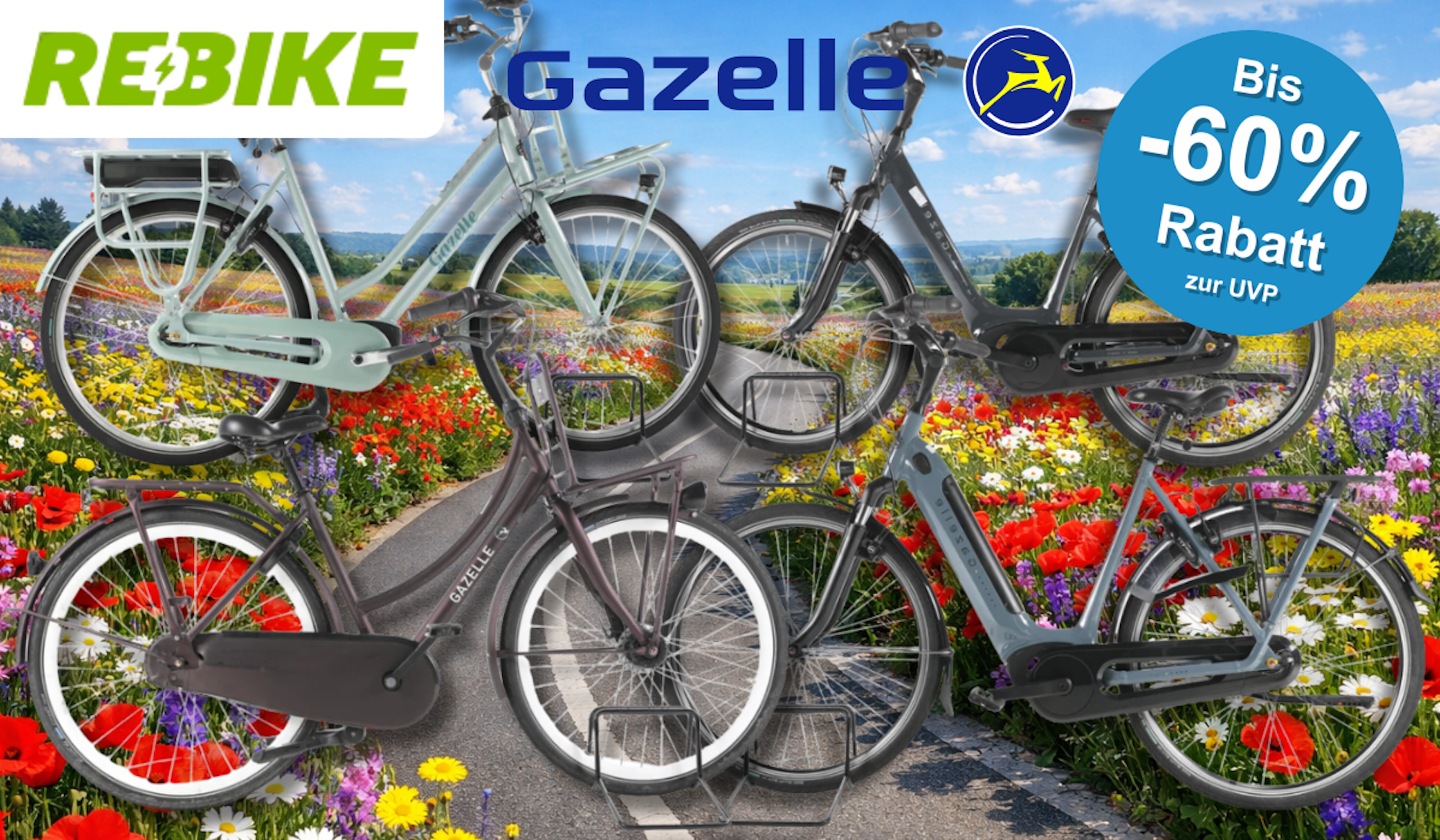 4 verschiedene Gazelle Fahrräder vor einem Fahrradweg.