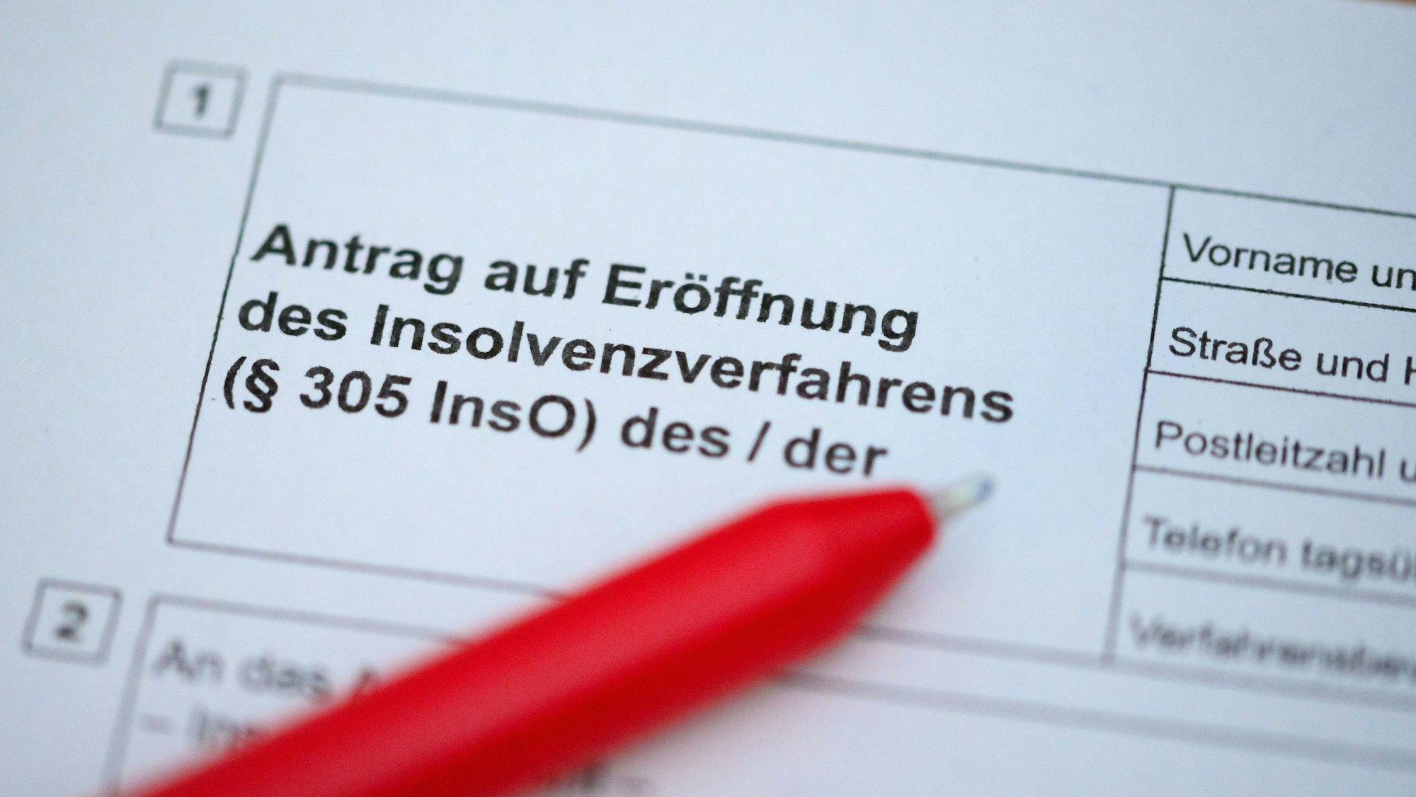 Ein Kugelschreiber liegt auf einem Antrag zur Eröffnung eines Insolvenzverfahrens.