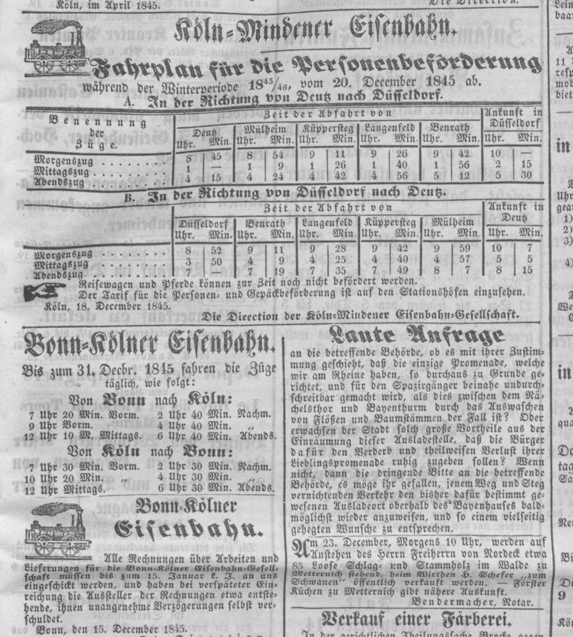 Der erste Fahrplan 1845, veröffentlicht in der Kölnischen Zeitung: Reisewagen und Pferde können noch nicht befördert werden.