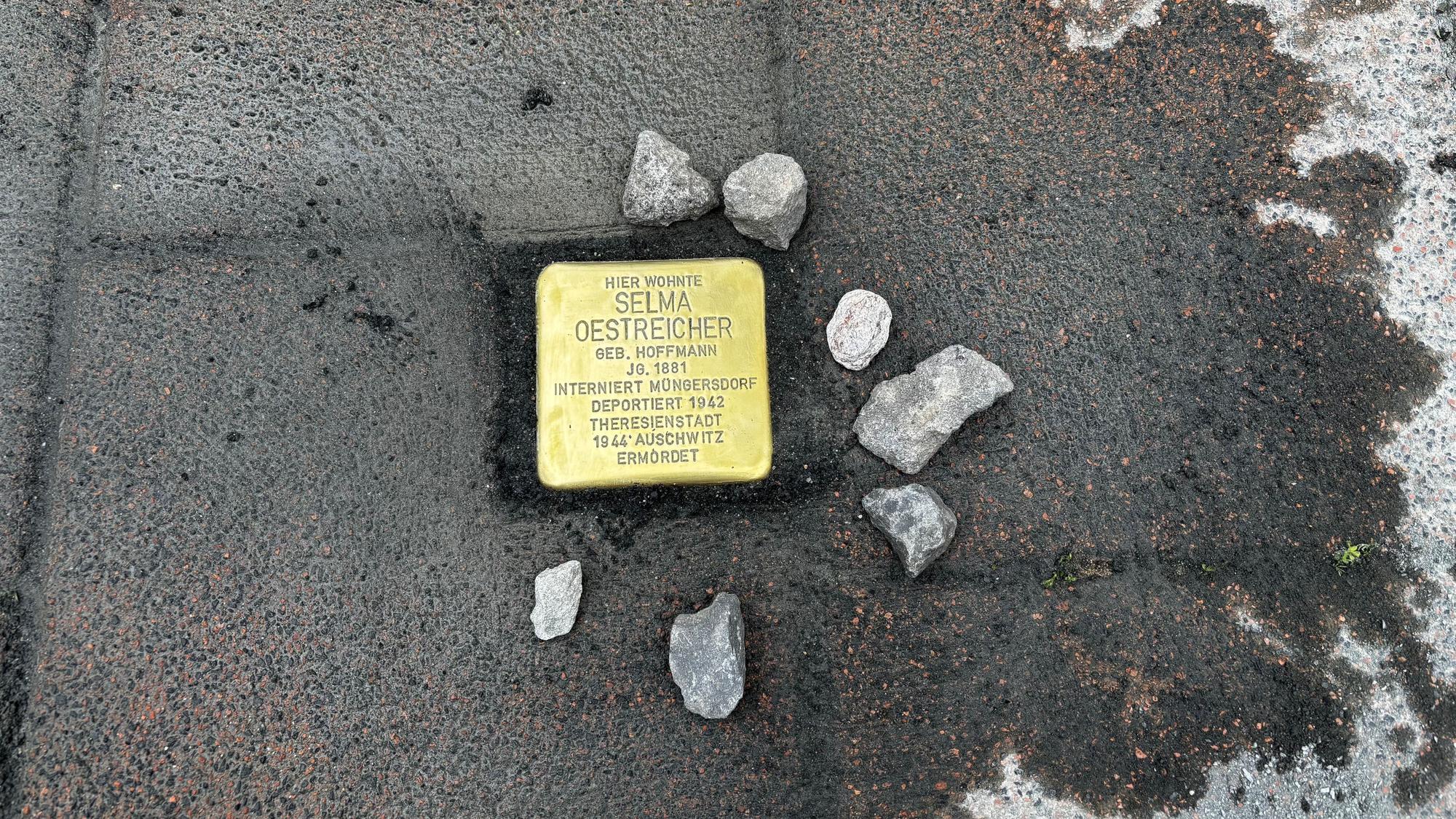 Der Stolperstein und kleine Steine, die im Halbkreis drumherum liegen.