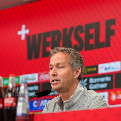 03.04.2026, xydrx, Fußball, Pressekonferenz Bayer 04 Leverkusen mit Cheftrainer Kasper Hjulmand vor dem Bundesliga Spiel gegen den VfL Wolfsburg in der BayArena, Saison 2025 2026 DFB regulations prohibit any use of photographs as image sequences and or quasi-video. *** 03 04 2026, xydrx, Football, Press conference Bayer 04 Leverkusen with head coach Kasper Hjulmand before the Bundesliga match against VfL Wolfsburg in the BayArena, season 2025 2026 DFB regulations prohibit any use of photographs as image sequences and or quasi video Copyright: HMBxMedia/YannisxDreimann