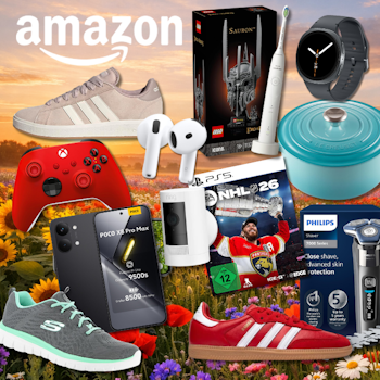 Collage der Amazon Oster-Angebote 2026 vor frühlingshaftem Hintergrund mit Tulpen und Kirschblüten, zeigt reduzierte Produkte aus verschiedenen Kategorien: adidas- und Skechers-Sneaker, Apple AirPods Pro, LEGO Sauron Set, Smartwatch, Philips Elektrorasierer, Le Creuset Topf, Bosch Bohrhammer, Xbox- und PS5-Controller, NHL 26 Spielecover, POCO X8 Pro Max Smartphone, Ring Überwachungskamera, Ninja Airfryer, JBL Bluetooth-Lautsprecher, Nike T-Shirt sowie ein Eiscreme-Maker – mit blauem Badge „Bis -65% Rabatt zur UVP" und Amazon-Logo oben links.