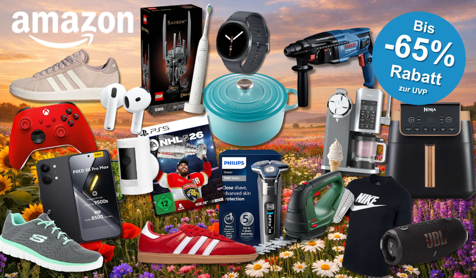 Collage der Amazon Oster-Angebote 2026 vor frühlingshaftem Hintergrund mit Tulpen und Kirschblüten, zeigt reduzierte Produkte aus verschiedenen Kategorien: adidas- und Skechers-Sneaker, Apple AirPods Pro, LEGO Sauron Set, Smartwatch, Philips Elektrorasierer, Le Creuset Topf, Bosch Bohrhammer, Xbox- und PS5-Controller, NHL 26 Spielecover, POCO X8 Pro Max Smartphone, Ring Überwachungskamera, Ninja Airfryer, JBL Bluetooth-Lautsprecher, Nike T-Shirt sowie ein Eiscreme-Maker – mit blauem Badge „Bis -65% Rabatt zur UVP" und Amazon-Logo oben links.