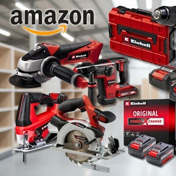 Collage roter Einhell-Akku-Geräte vor einem hellen Baumarkt-Hintergrund mit Regalen. Zu sehen sind eine Bohrmaschine, ein Bohrhammer, eine Winkelschleifmaschine, eine Stichsäge, eine Kreissäge, ein Rasenmäher und ein Rasentrimmer sowie ein Einhell-Koffer und ein Power-X-Change-Akkupaket mit zwei Akkus und Ladegerät.