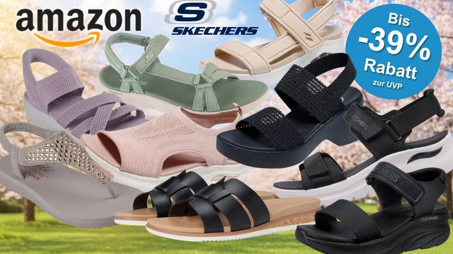 Collage verschiedener Skechers Damen- und Herren-Sandalen vor einem blühenden Hintergrund mit Kirschblüten und grüner Wiese. Zu sehen sind acht verschiedene Sandalenmodelle in den Farben Lila, Grün, Rosé, Beige, Schwarz und Grau – darunter Keil-, Riemen- und Klettverschluss-Sandalen. Links oben das Amazon-Logo, oben mittig das Skechers-Logo.