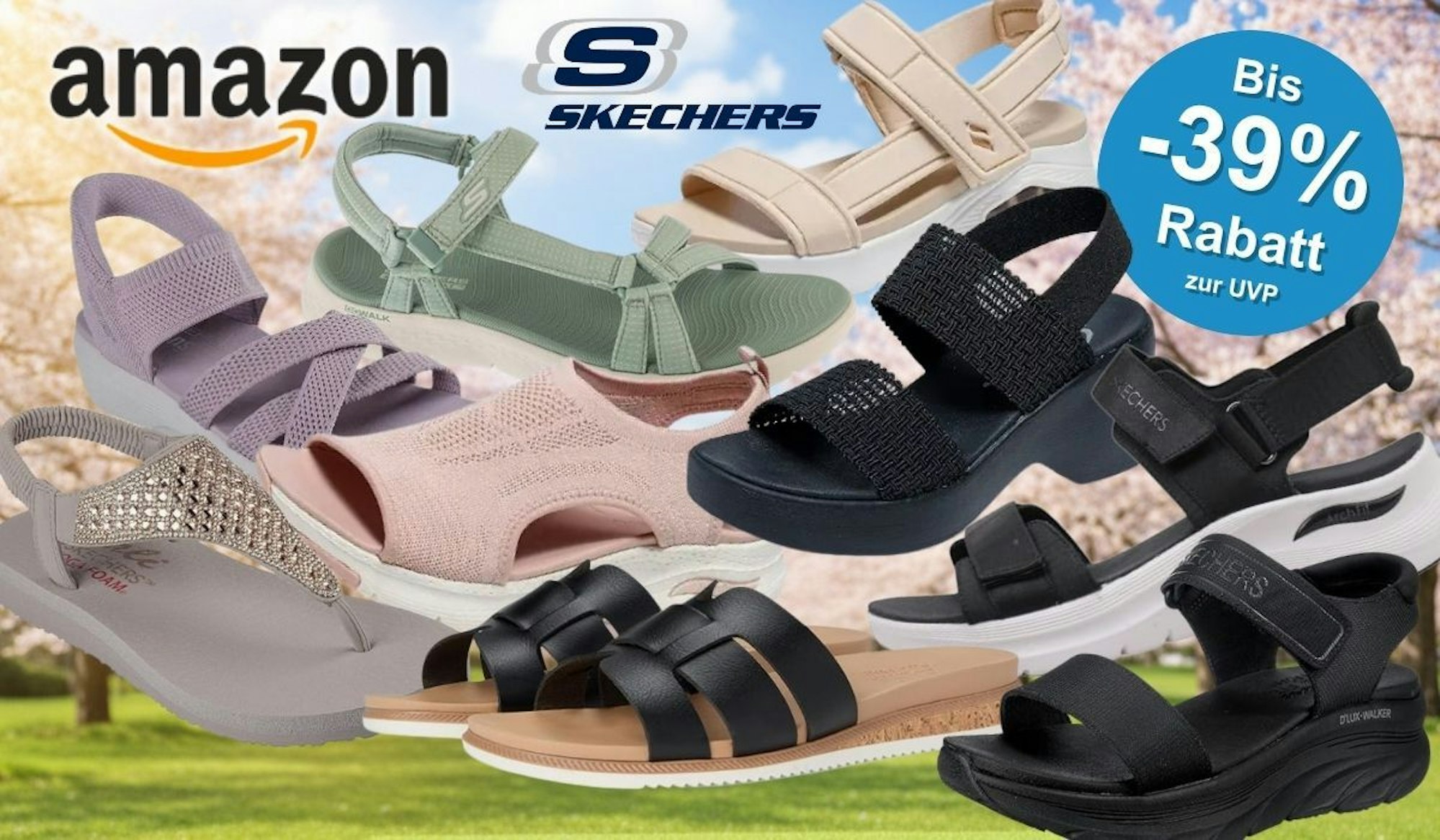 Collage verschiedener Skechers Damen- und Herren-Sandalen vor einem frühlingshaften Hintergrund mit Kirschblüten und grüner Wiese. Zu sehen sind acht verschiedene Sandalenmodelle in den Farben Lila, Grün, Rosé, Beige, Schwarz und Grau – darunter Keil-, Riemen- und Klettverschluss-Sandalen. Links oben das Amazon-Logo, oben mittig das Skechers-Logo.
