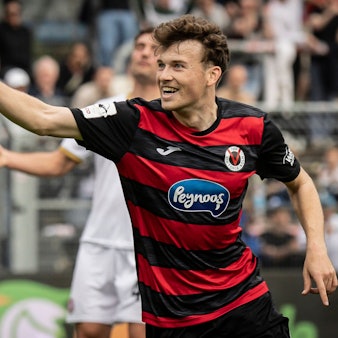 KOELN, GERMANY - APRIL 11, 2026: Lucas Wolf Viktoria Köln, 21 celebrates scoring his team s first goal during the 3rd division match between Viktoria Koeln vs. SV Wehen Wiesbaden at the Sportpark Hoehenberg on matchday 7 on April 11, 2026 in Koeln, Germany. DFL REGULATIONS PROHIBIT ANY USE OF PHOTOGRAPHS AS IMAGE SEQUENCES AND/OR QUASI-VIDEO. Nordrhein-Westfalen Germany Copyright: xAxelxKohringx