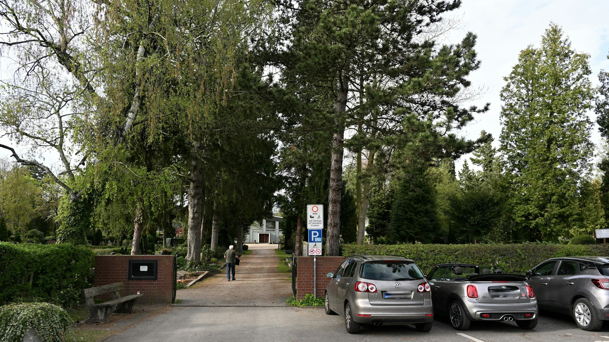 Der Eingang eines Friedhofes mit hohen Bäumen. Auf dem Weg geht ein älterer Mann.