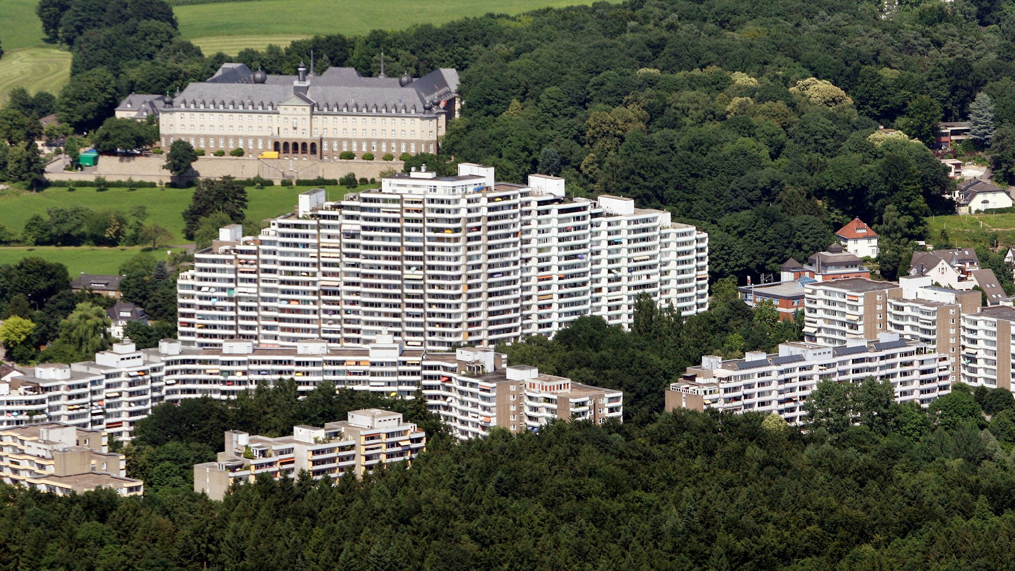 Eine Hochhausssiedlung am Stadtrand. Davor Wald.