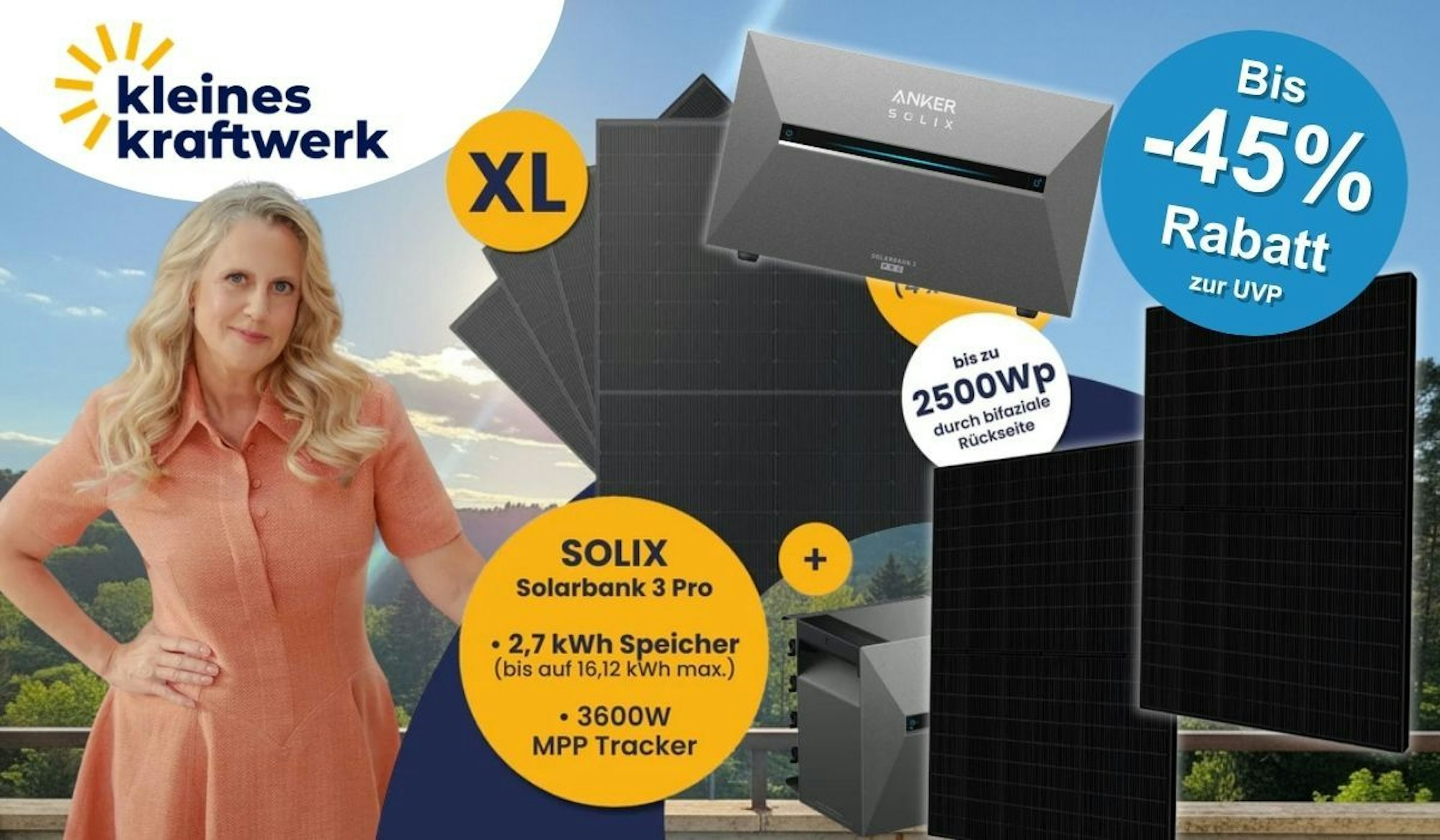 Werbebild von Kleines Kraftwerk mit einer lächelnden Barbara Schöneberger im orangefarbenen Kleid vor einer Frühlingslandschaft mit blauem Himmel. Im Hintergrund mehrere schwarze Solarmodule sowie der Anker Solix Solarbank 3 Pro Speicher. Eingeblendete Textbausteine nennen eine Leistung von bis zu 2500 Wp durch bifaziale Rückseite, einen 2,7-kWh-Speicher (erweiterbar auf 16,12 kWh) sowie einen 3600-Watt-MPP-Tracker. Ein goldenes „XL"-Label hebt die Größe des Pakets hervor. Links oben das Logo von Kleines Kraftwerk, rechts oben ein blauer Button mit der Aufschrift „Bis -45% Rabatt zur UVP".