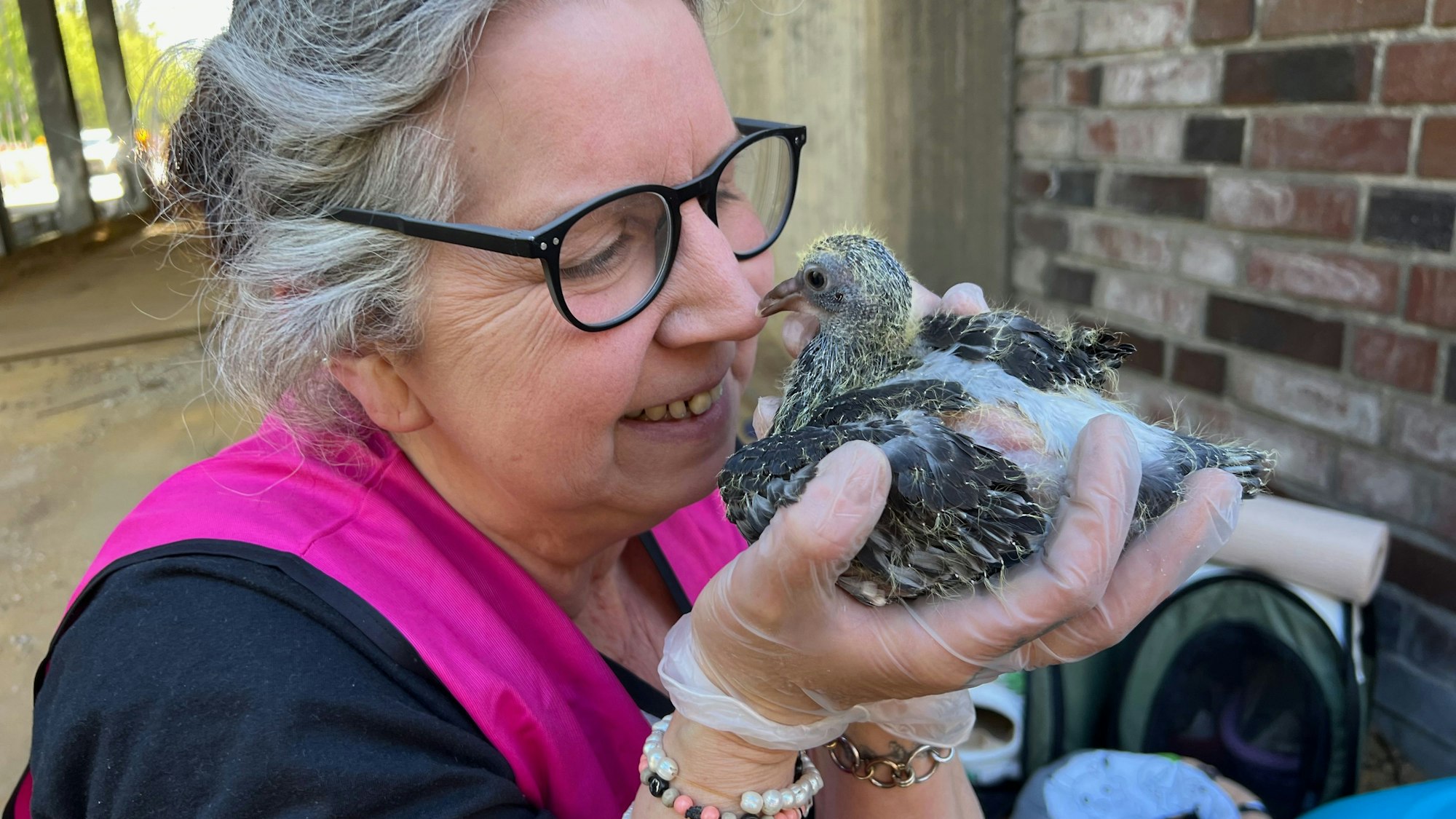 Eine Frau hält ein Taubenküken.