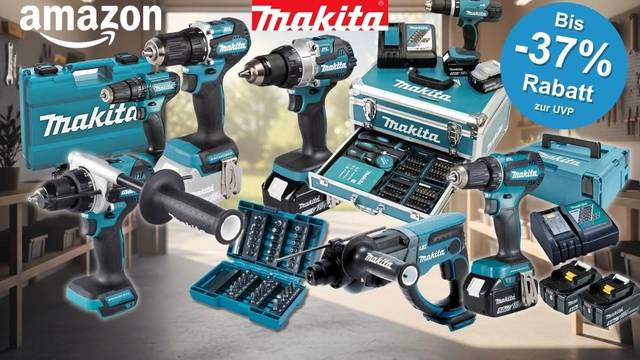 Collage mehrerer Makita-Werkzeuge in charakteristischem Türkis-Schwarz vor einem weich unscharfen Werkstatthintergrund. Zu sehen sind verschiedene Akku-Bohrschrauber, ein Bohrhammer, ein Bit- und Zubehör-Set in einem Aluminium-Koffer, mehrere Makita-Transportkoffer sowie Akkus und ein Ladegerät. Links oben das Amazon-Logo, oben mittig das Makita-Logo in Rot.
