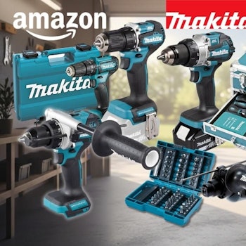 Collage mehrerer Makita-Werkzeuge in charakteristischem Türkis-Schwarz vor einem weich unscharfen Werkstatthintergrund. Zu sehen sind verschiedene Akku-Bohrschrauber, ein Bohrhammer, ein Bit- und Zubehör-Set in einem Aluminium-Koffer, mehrere Makita-Transportkoffer sowie Akkus und ein Ladegerät. Links oben das Amazon-Logo, oben mittig das Makita-Logo in Rot.