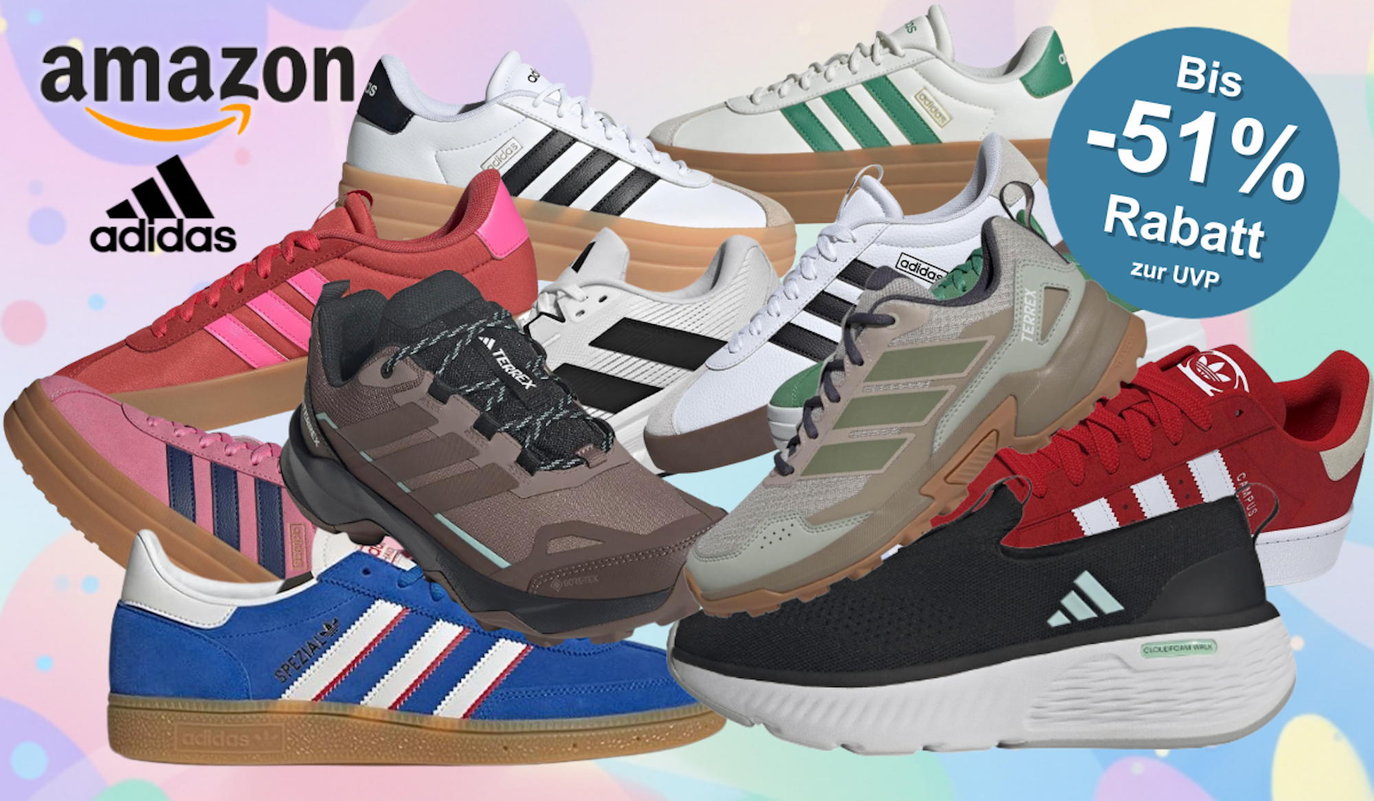Verschiedene adidas Sneaker-Modelle in unterschiedlichen Farben vor einem bunten Hintergrund mit Muster.