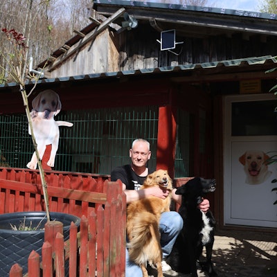 Ein Mann sitzt mit zwei Hunden vor einer Auffangstation für Hunde.