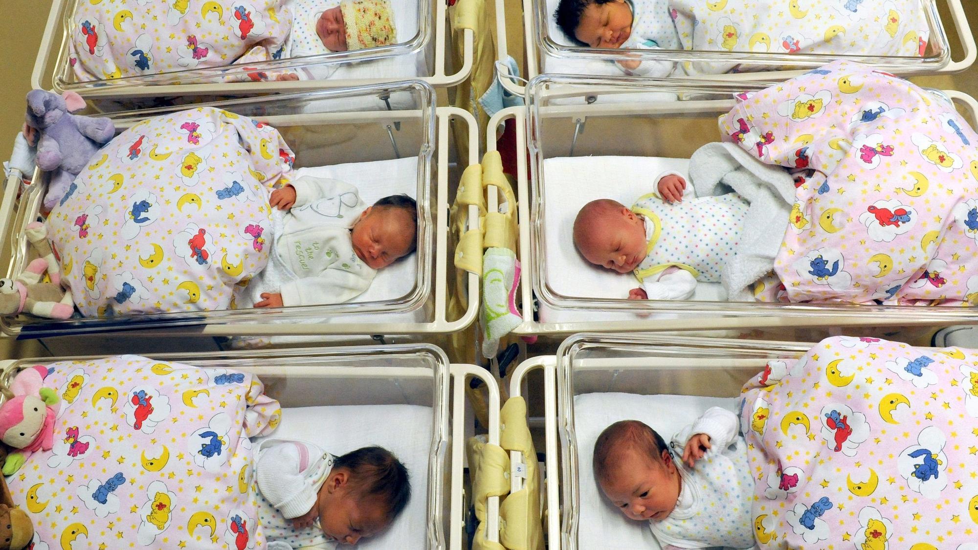 Auf einer Neugeborenenstation liegen Babys in ihren Bettchen.