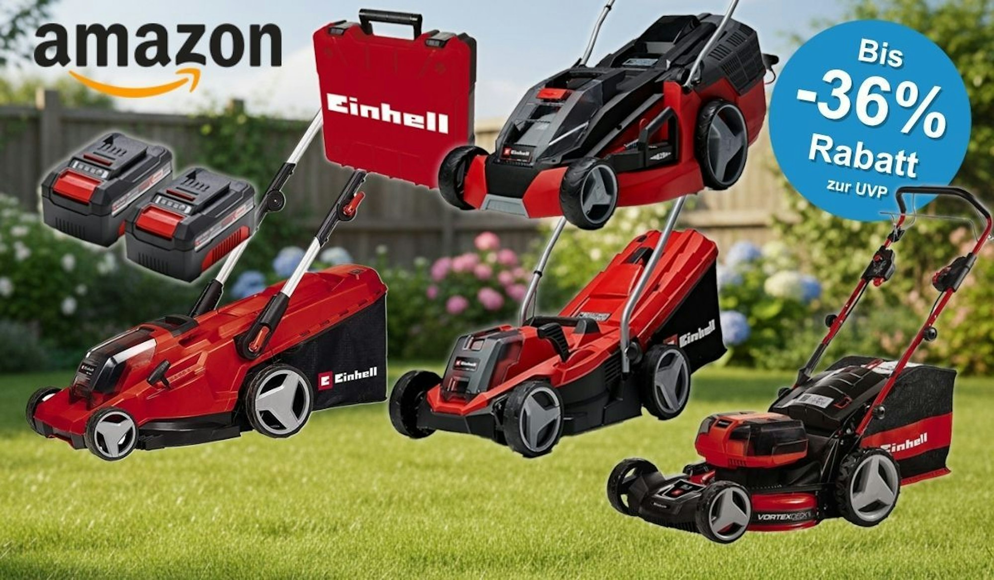 Collage von fünf roten Einhell Akku-Rasenmähern verschiedener Größen und Modelle vor einem sommerlichen Gartenhintergrund mit frisch gemähtem Rasen, Hortensien und blauem Himmel. Links im Bild zwei Einhell Power-X-Change-Akkus, mittig oben ein roter Einhell-Transportkoffer. Links oben das Amazon-Logo.