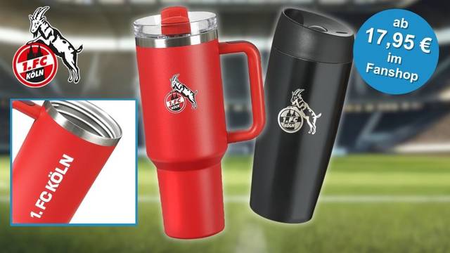 Roter Edelstahl-Trinkbecher mit Griff im Stanley-Cup-Stil und schwarzer Thermobecher, beide mit offiziellem 1. FC Köln Wappen und Geißbock-Logo, vor unscharfer Stadionkulisse. Links eine Detailansicht des Becherinneren aus Edelstahl mit weißem Schriftzug „1. FC Köln". Preishinweis: ab 17,95 € im FC Fanshop.