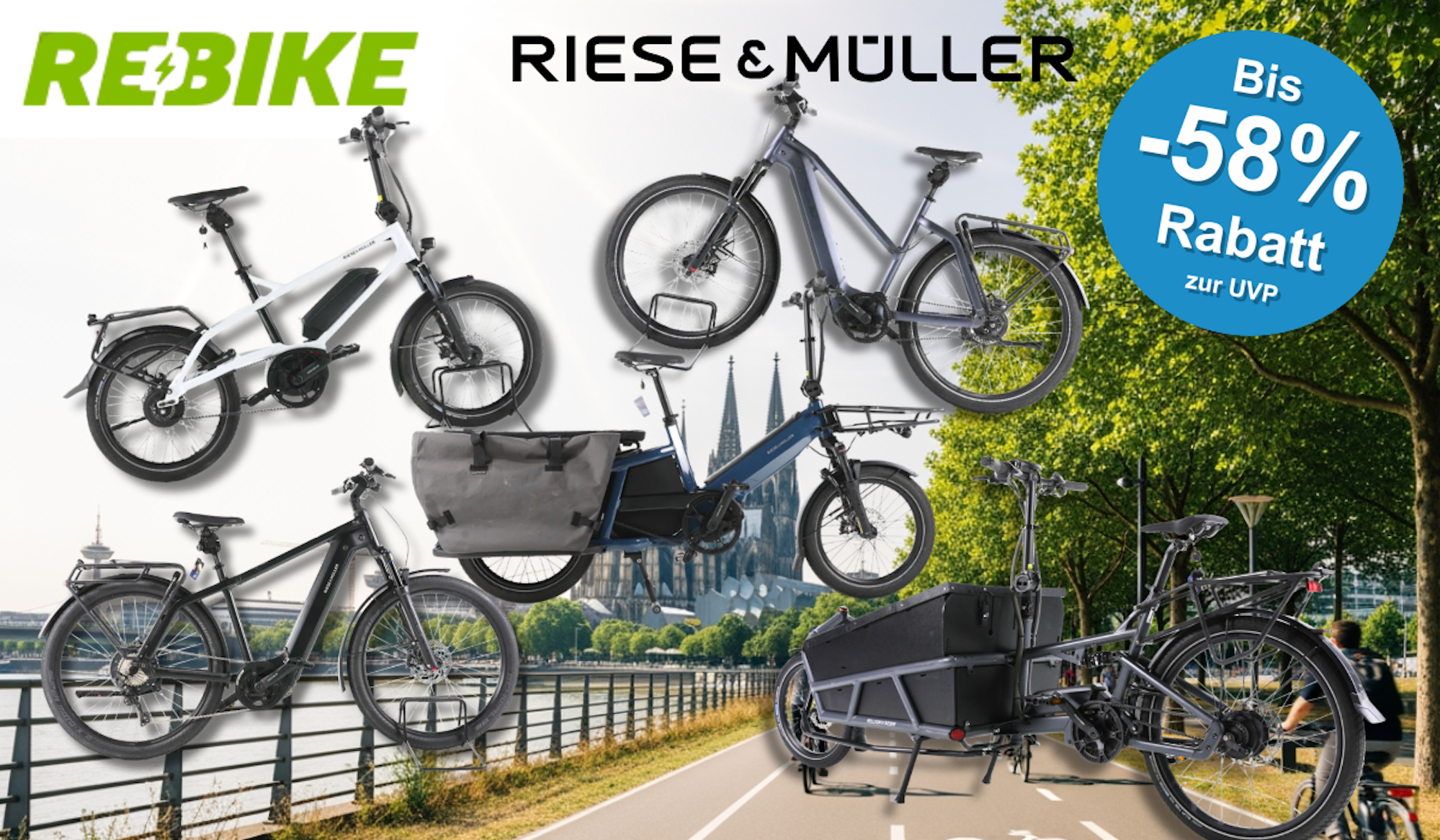 4 verschiedene Riese & Müller E-Bikes vor einem Fahrradweg.