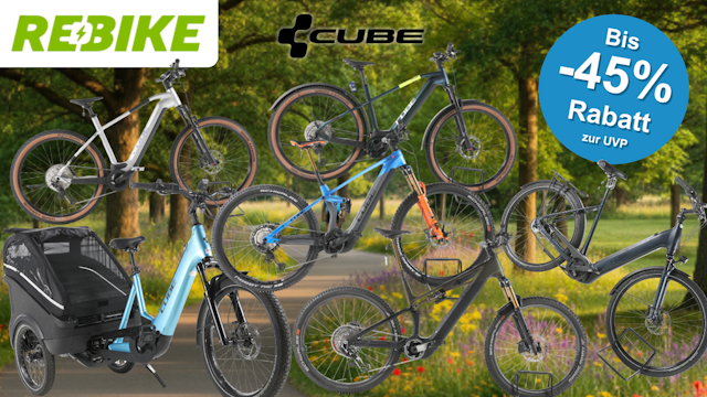 Mehrere refurbished Cube E-Bikes verschiedener Typen – Trekkingbike, Citybike, E-Lastenrad und E-Montainbike – vor grünem Parkpanorama mit Landstraße, mit Rebike- und Cube-Logo sowie dem Hinweis „Bis -45 % Rabatt zur UVP"