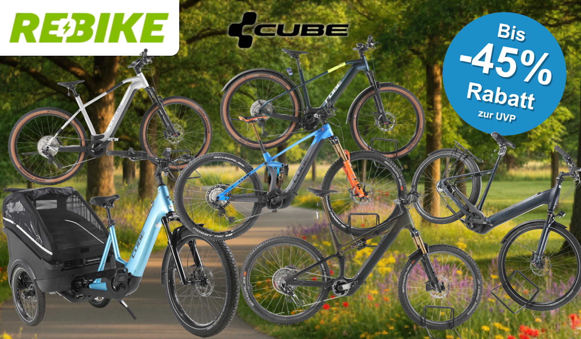 Mehrere refurbished Cube E-Bikes verschiedener Typen – Trekkingbike, Citybike, E-Lastenrad und E-Montainbike – vor grünem Parkpanorama mit Landstraße, mit Rebike- und Cube-Logo sowie dem Hinweis „Bis -45 % Rabatt zur UVP"