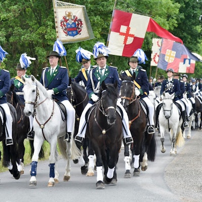 Zahlreiche Männer zu Pferd reiten über einen Feldweg.