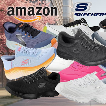 Collage von zehn verschiedenen Skechers Sneaker-Modellen vor einem frühlingshaften Hintergrund mit Kirschblüten und modernem Stadtpanorama. Zu sehen sind Lauf-, Walk- und Freizeitschuhe sowie Slip-Ins in den Farben Schwarz, Weiß, Hellblau, Pink, Navy und Grau – für Damen und Herren. Links oben das Amazon-Logo, oben mittig das Skechers-Logo.