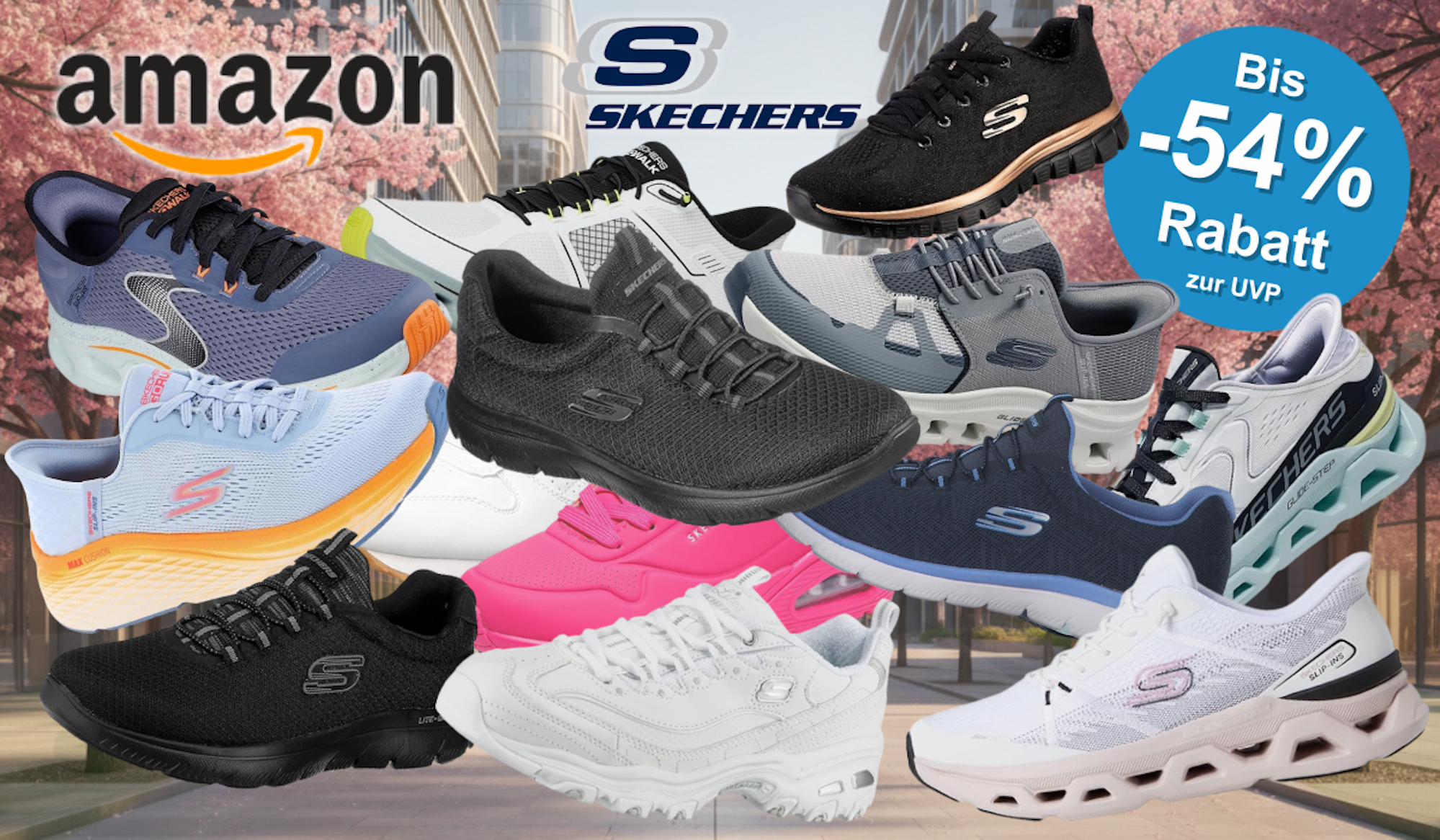 Collage von zehn verschiedenen Skechers Sneaker-Modellen vor einem frühlingshaften Hintergrund mit Kirschblüten und modernem Stadtpanorama. Zu sehen sind Lauf-, Walk- und Freizeitschuhe sowie Slip-Ins in den Farben Schwarz, Weiß, Hellblau, Pink, Navy und Grau – für Damen und Herren. Links oben das Amazon-Logo, oben mittig das Skechers-Logo.