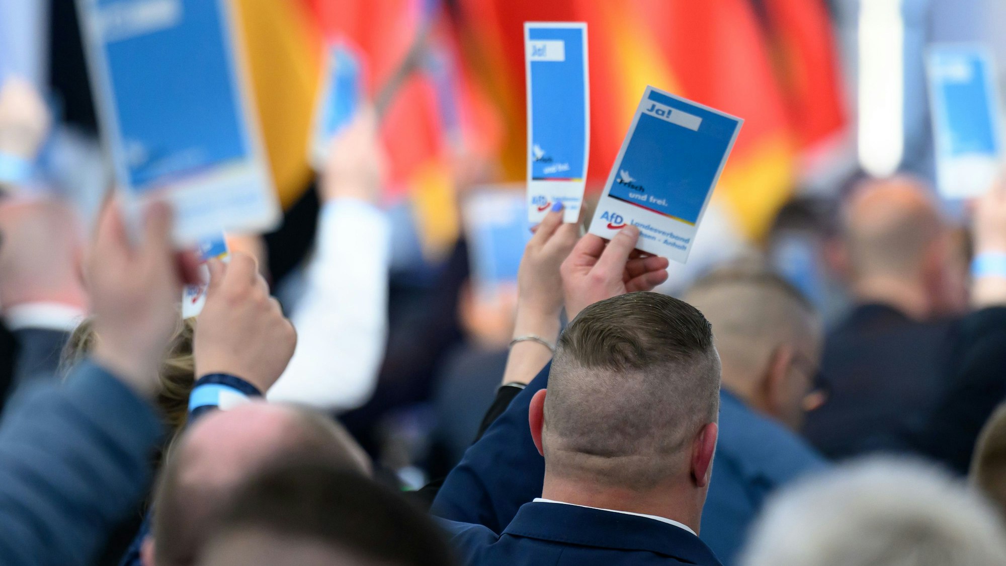 11.04.2026, Sachsen-Anhalt, Magdeburg: Delegierte stimmen auf dem Landesparteitag der AfD Sachsen-Anhalt in Magdeburg ab. Die Delegierten des Landesparteitages wollen das Regierungsprogramm zur Landtagswahl 2026 final erarbeiten und beschließen. Foto: Hendrik Schmidt/dpa +++ dpa-Bildfunk +++