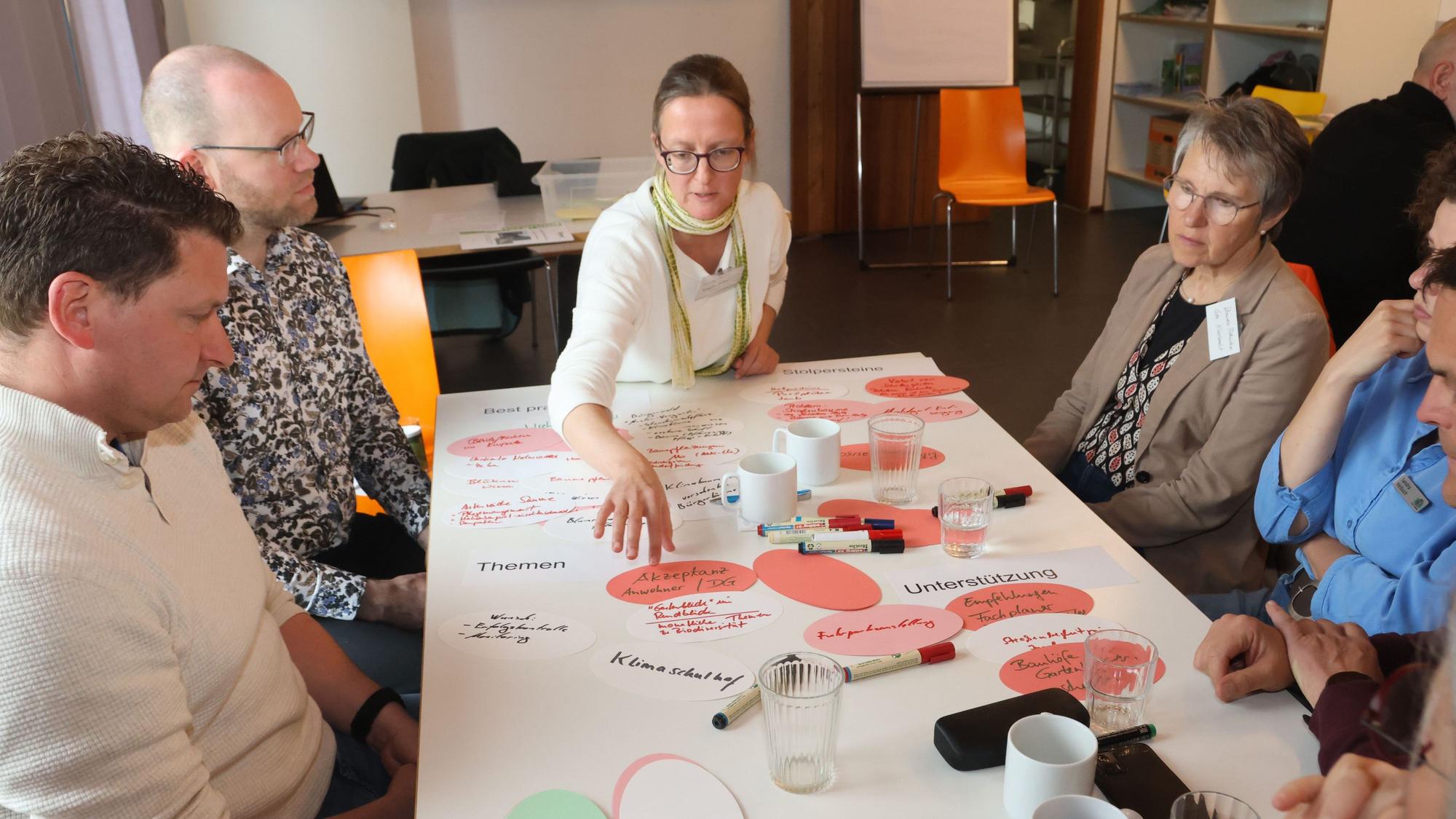 An mehreren Tischen halten Workshop-Teilnehmer auf Zetteln Maßnahmen fest.