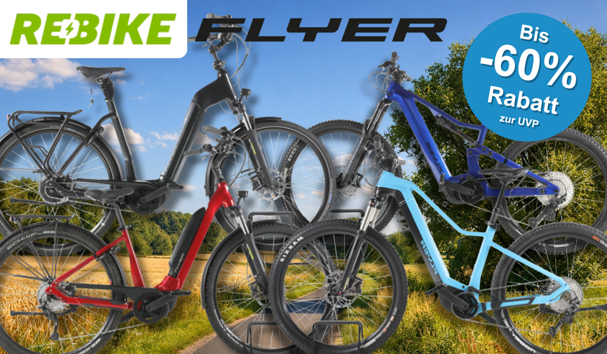 Vier verschiedene Flyer E-Bikes vor einem Fahrradweg.