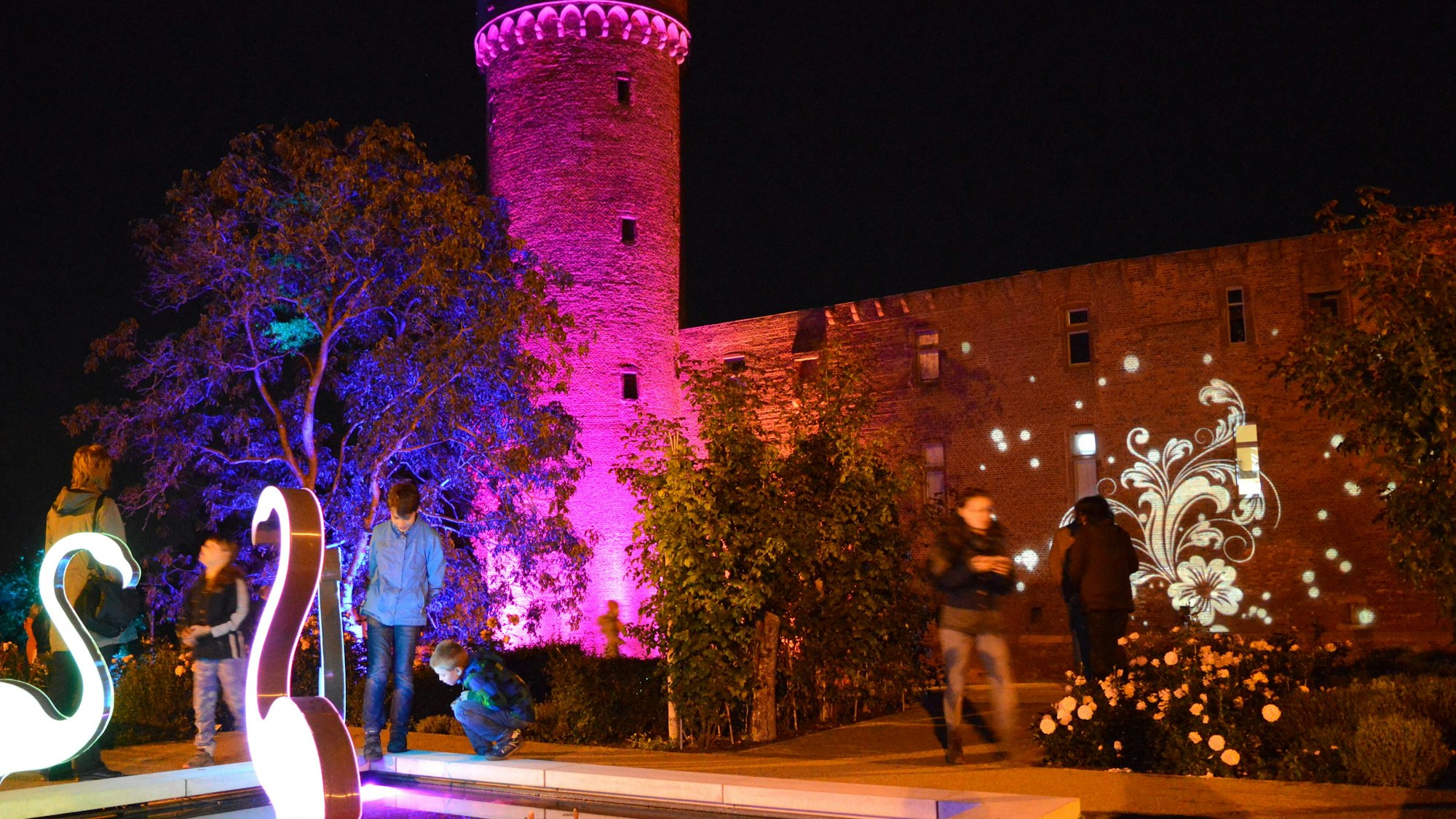 Eine illuminierte Gartenlandschaft im Seepark Zülpich.