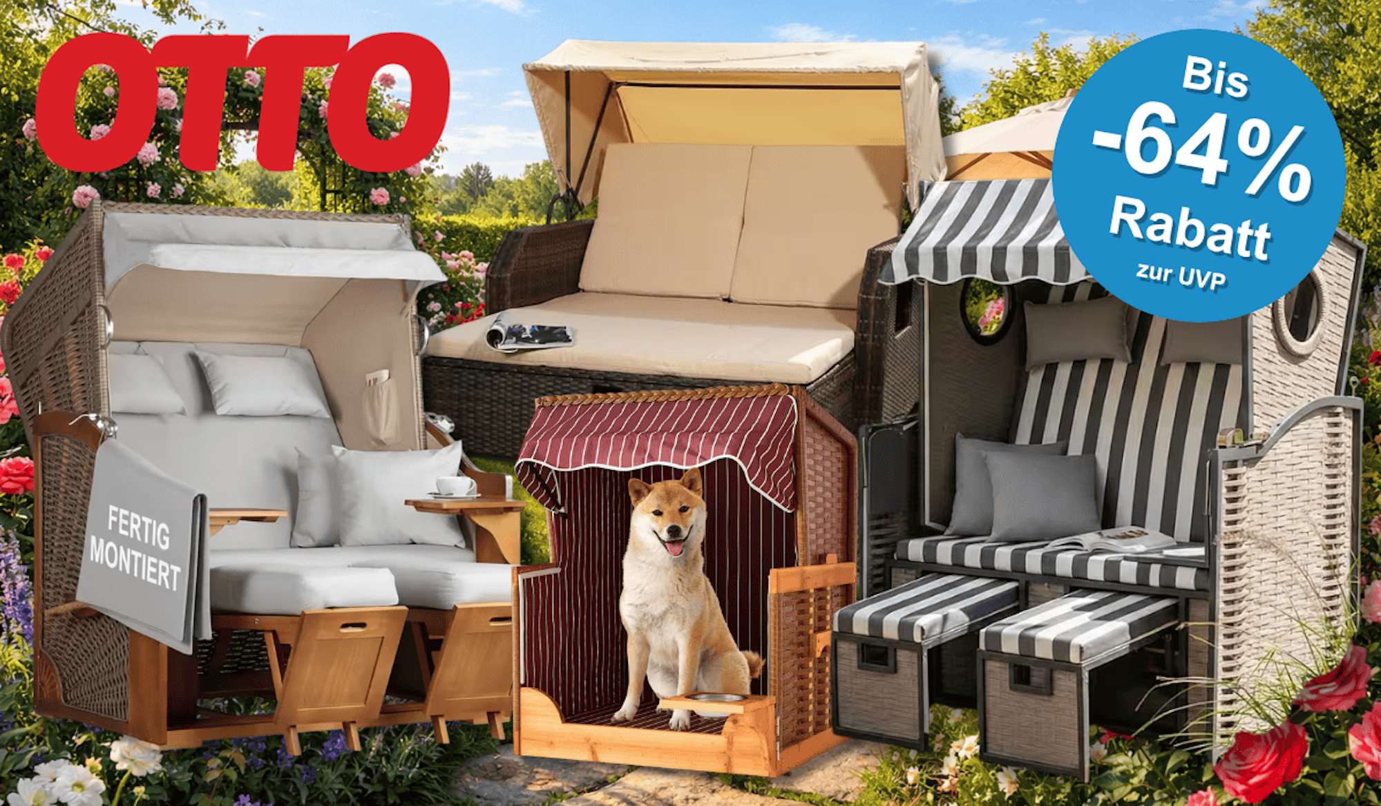 3 klassische Strandkörbe und ein Hundestrandkorb vor einem Strand.