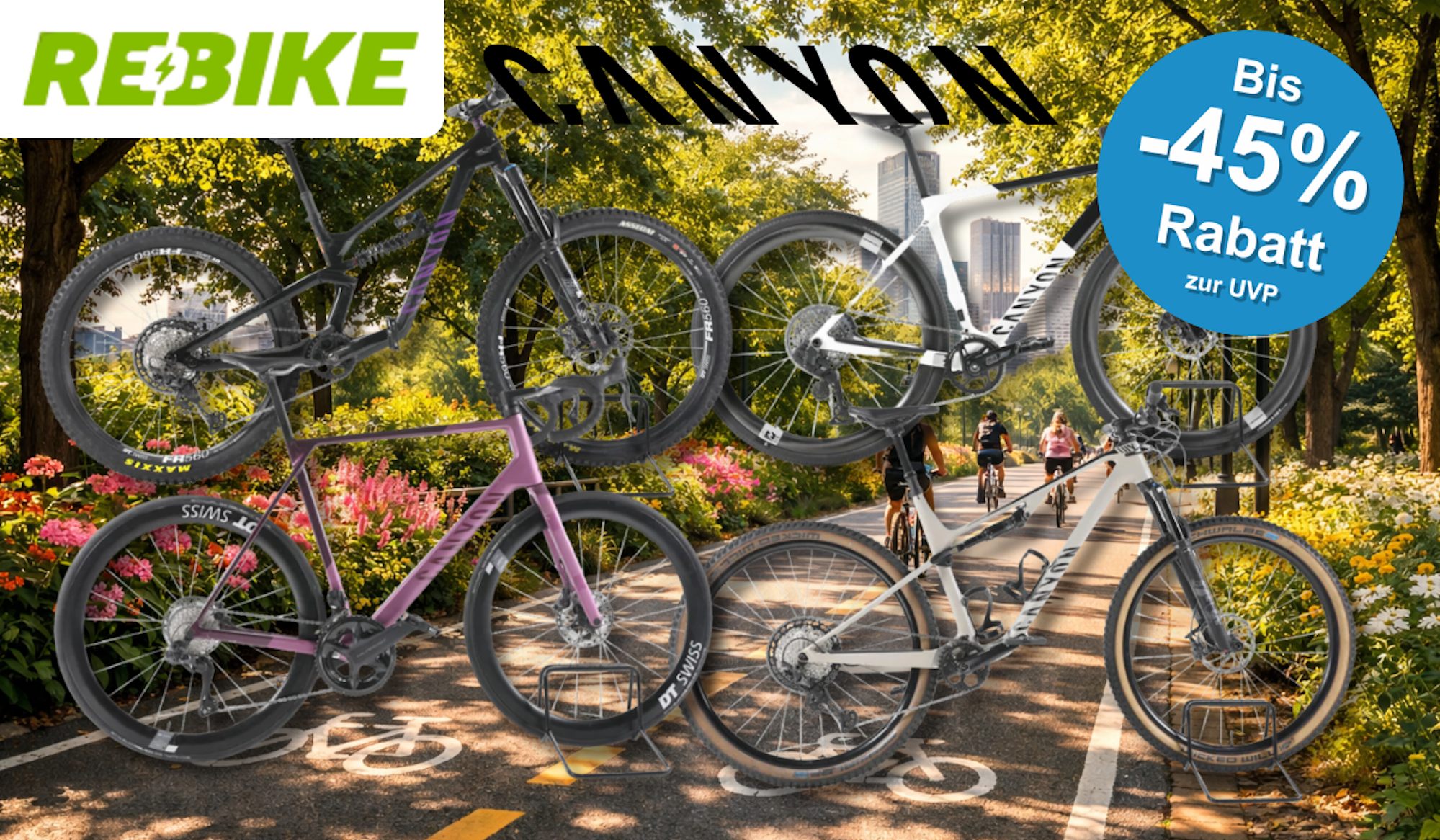 Eine Darstellung von verschiedenen Canyon Fahrrädern vor einem Fahrradweg.