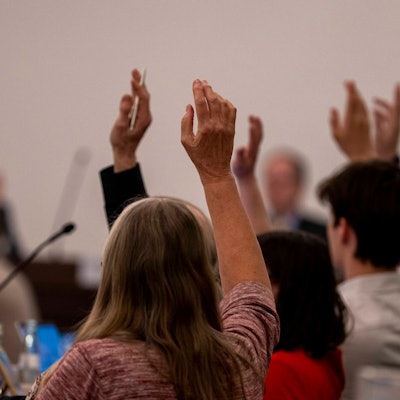Das Bild zeigt Poltiker, die ihren Arm heben und so Zustimmung signalisieren.