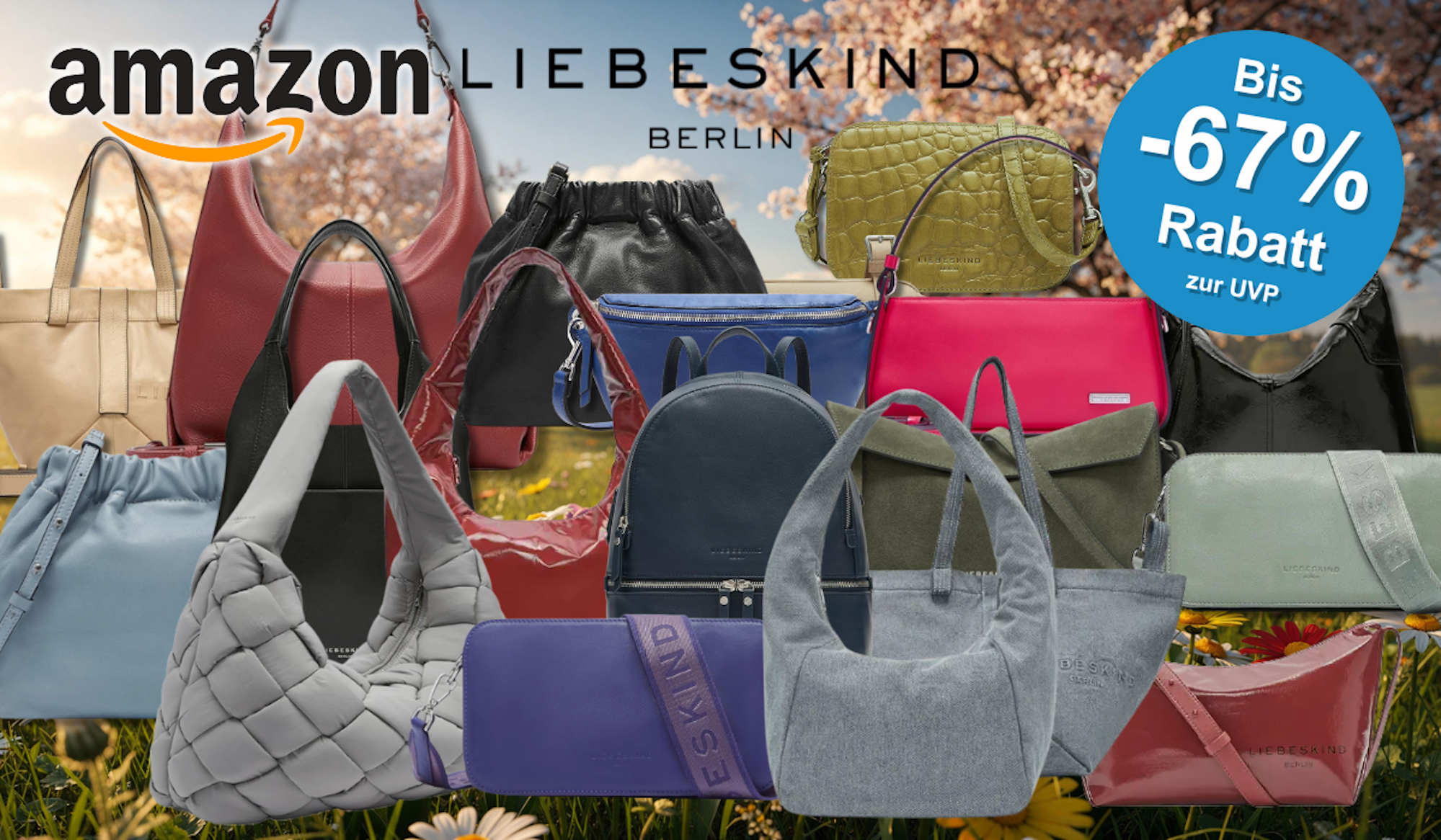 Eine Darstellung von verschiedenen Liebeskind Berlin Taschen vor einem sommerlichen Hintergrund.
