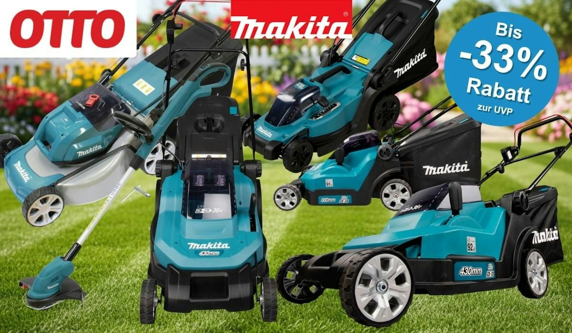 Produktcollage mehrerer Makita Akku-Rasenmäher und eines Akku-Rasentrimmers in Türkis-Schwarz vor sommerlichem Gartenhintergrund, mit OTTO-Logo, Makita-Logo.