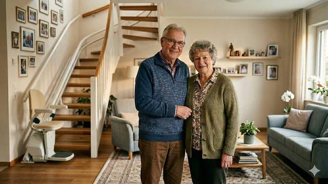 Seniorenpaar steht lächelnd im Wohnzimmer eines Hauses vor einer Treppe mit Treppenlift.