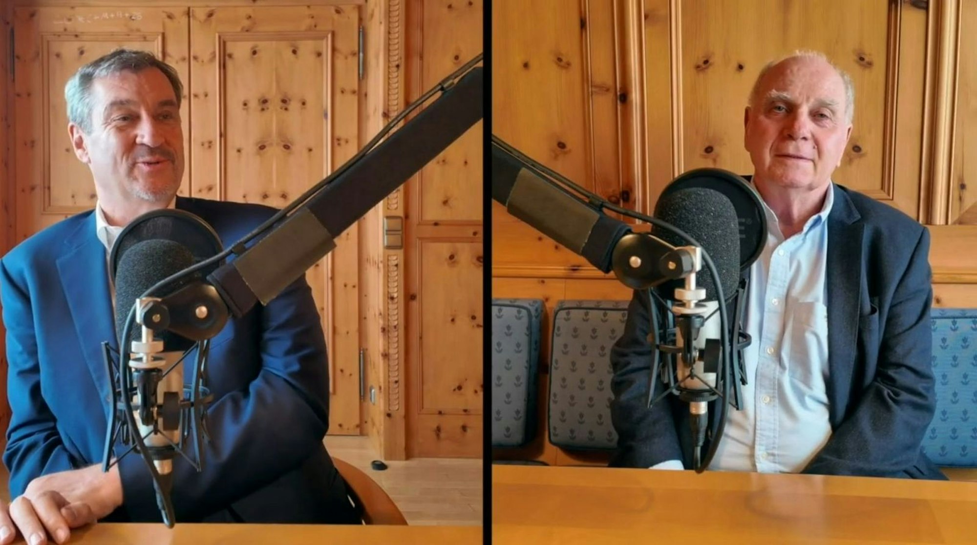 Markus Söder begrüßte Uli Hoeneß im Podcast „Auf eine weiß-blaue Tasse“ in der Bayerischen Staatskanzlei. (Bild: YouTube / Bayerische Staatskanzlei)