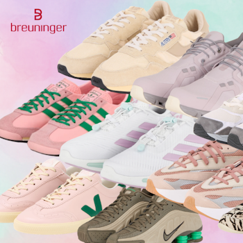 Sneaker verschiedener Marken wie Nike, Adidas, New Balance, Veja, Autry und mehr vor buntem Hintergrund mit Breuninger Logo.