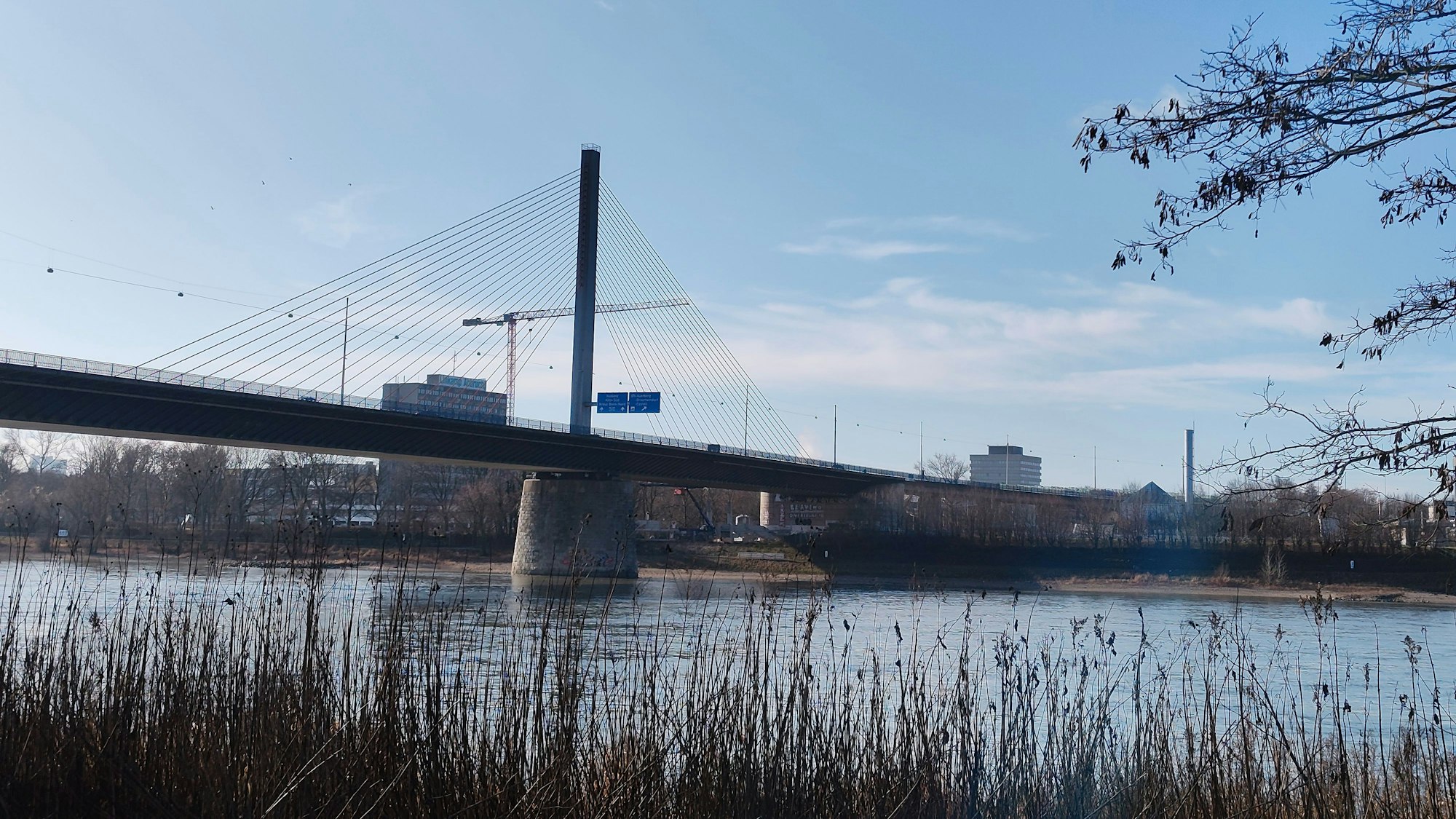 Die Nordbrücke vom rechten Rheinufer aus, mit einem Kran im Hintergrund.