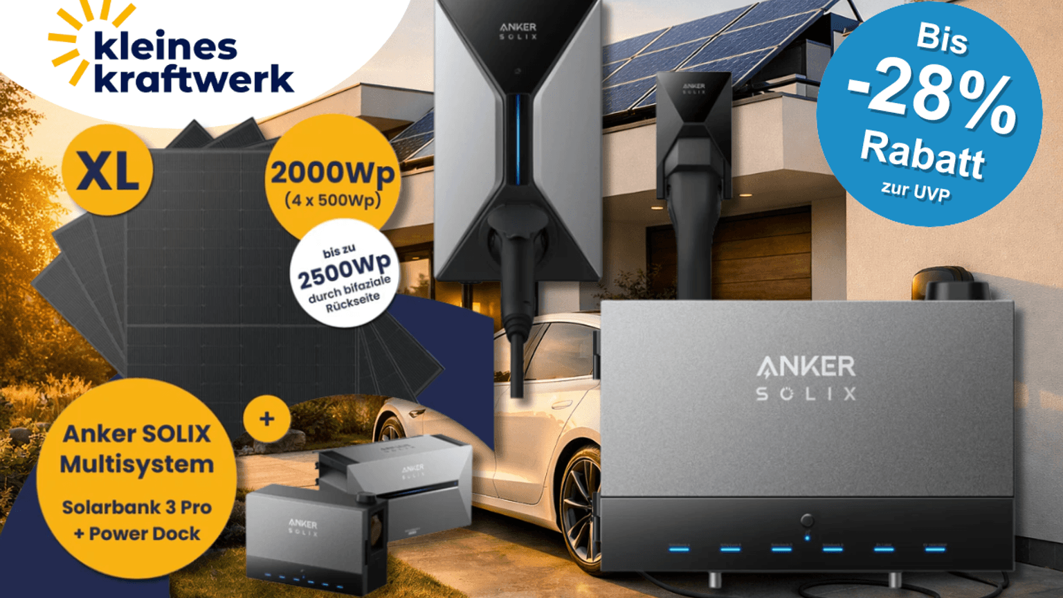 Das Anker SOLIX Multisystem von Kleines Kraftwerk vereint XL-Solarmodule mit 2.000 Wp, die Solarbank 3 Pro, das Power Dock und die smarte V1 Wallbox zu einem kompletten Heimenergie-System – aktuell mit bis zu 28 % Rabatt zur UVP erhältlich.