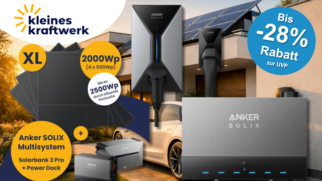 Das Anker SOLIX Multisystem von Kleines Kraftwerk vereint XL-Solarmodule mit 2.000 Wp, die Solarbank 3 Pro, das Power Dock und die smarte V1 Wallbox zu einem kompletten Heimenergie-System – aktuell mit bis zu 28 % Rabatt zur UVP erhältlich.