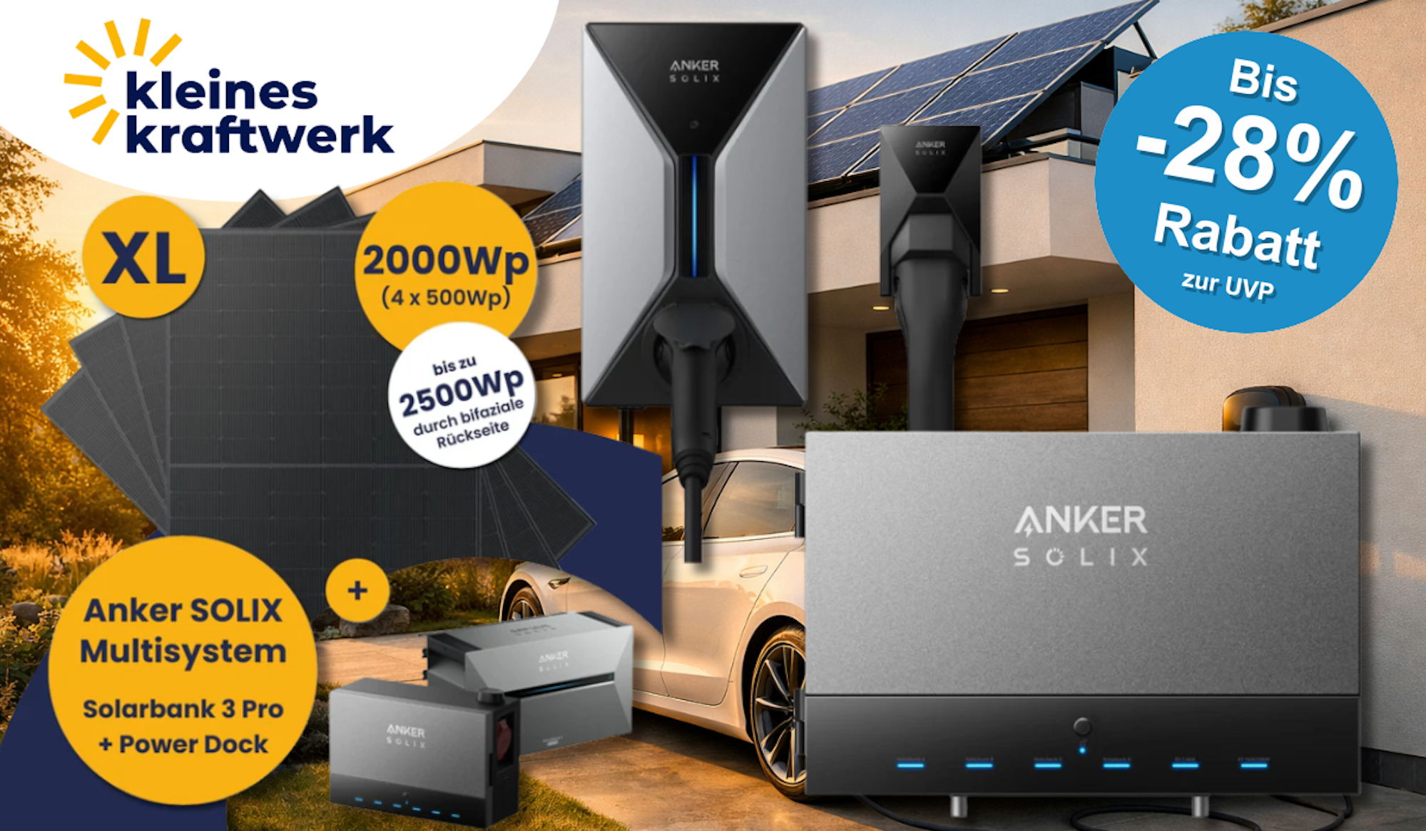 Das Anker SOLIX Multisystem von Kleines Kraftwerk vereint XL-Solarmodule mit 2.000 Wp, die Solarbank 3 Pro, das Power Dock und die smarte V1 Wallbox zu einem kompletten Heimenergie-System – aktuell mit bis zu 28 % Rabatt zur UVP erhältlich.