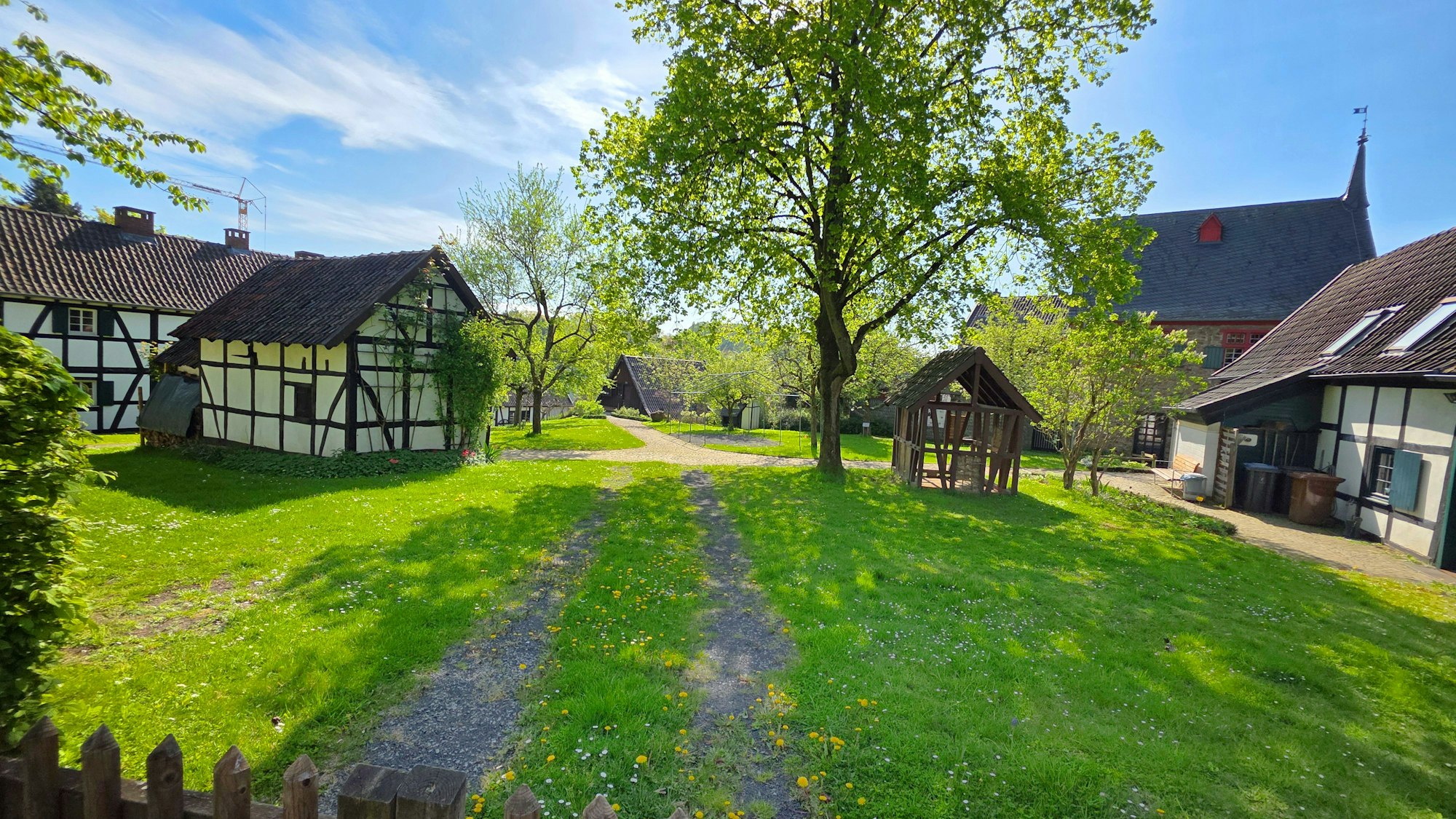Rund um eine grüne Wiese stehen Fachwerkhäuser.