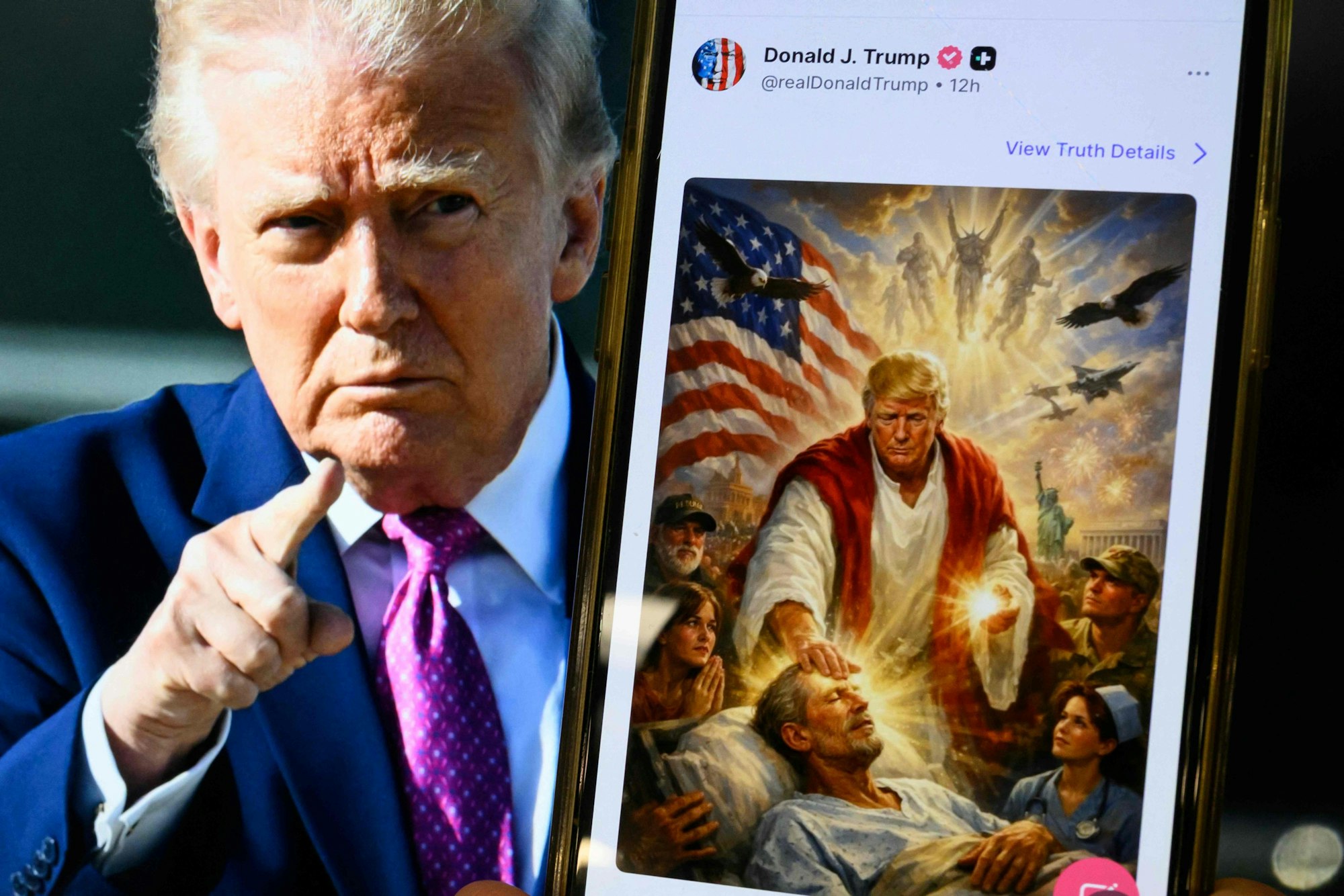 TOPSHOT - This photo illustration created on April 13, 2026 shows a picture of US President Donald Trump on a screen and an AI-generated picture he posted on his Truth Social platform depicting himself as Jesus Christ after criticizing Pope Leo XIV. Trump later posted an AI-generated image seemingly depicting himself as Jesus Christ. In the image, the president appears dressed in red and white robes as he cures a man with his healing hand. The American flag is shown over his shoulder. Trump and the White House have previously shared AI-generated images, including one that showed the president dressed as the pope. (Photo by Mandel NGAN / AFP)