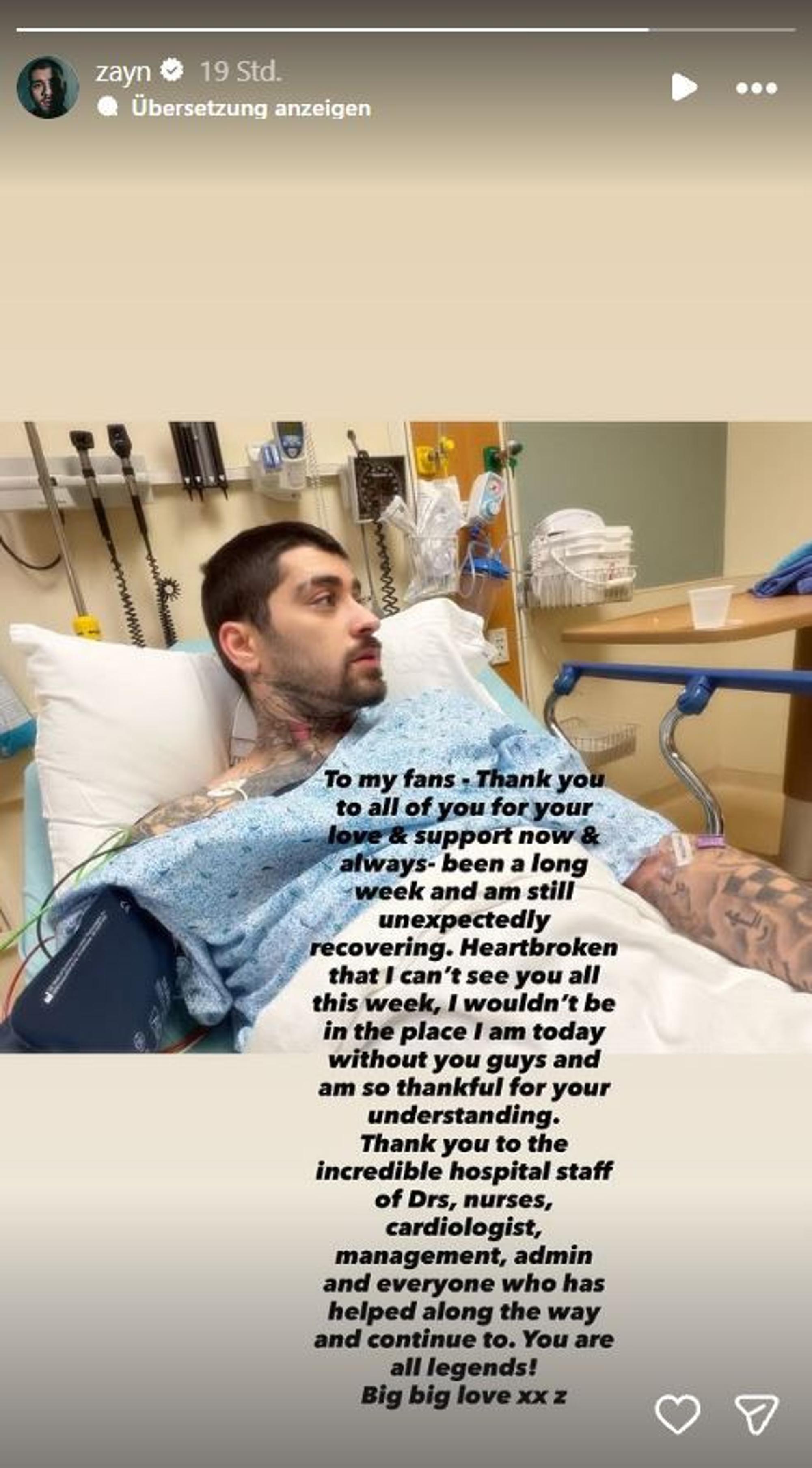 Zayn Malik meldet sich aus dem Krankenhaus.