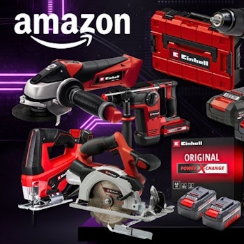 Collage verschiedener roter Einhell Werkzeuge und Gartengeräte (Winkelschleifer, Bohrhammer, Akkubohrer, Stichsäge, Kreissäge, Rasenmäher, Rasentrimmer sowie ein Power X-Change Akkupaket) vor einem dunklen Hintergrund mit blau-lila Neonlichtakzenten. Links oben das Amazon-Logo. Rechts oben blauer Button mit der Aufschrift „Bis -39 % Rabatt zur UVP".