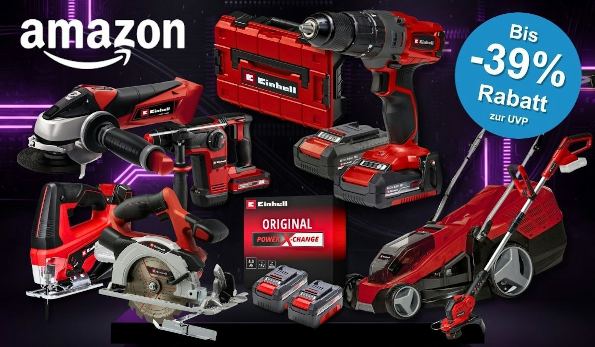 Collage verschiedener roter Einhell Werkzeuge und Gartengeräte (Winkelschleifer, Bohrhammer, Akkubohrer, Stichsäge, Kreissäge, Rasenmäher, Rasentrimmer sowie ein Power X-Change Akkupaket) vor einem dunklen Hintergrund mit blau-lila Neonlichtakzenten. Links oben das Amazon-Logo. Rechts oben blauer Button mit der Aufschrift „Bis -39 % Rabatt zur UVP".